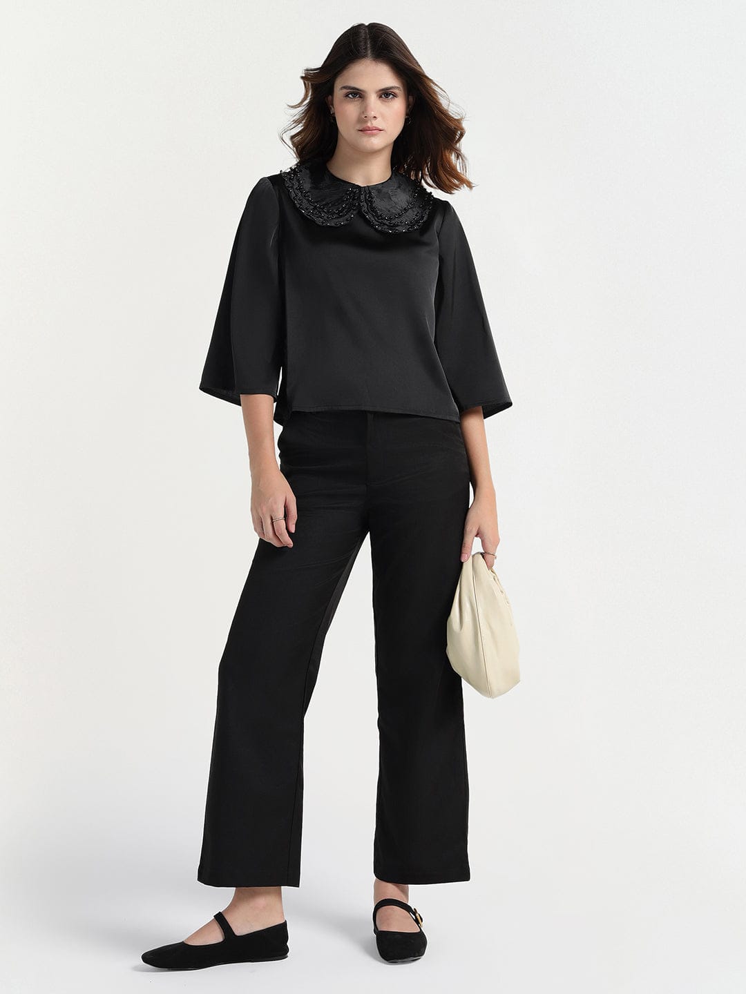 Elle Women Black Solid Collar Top