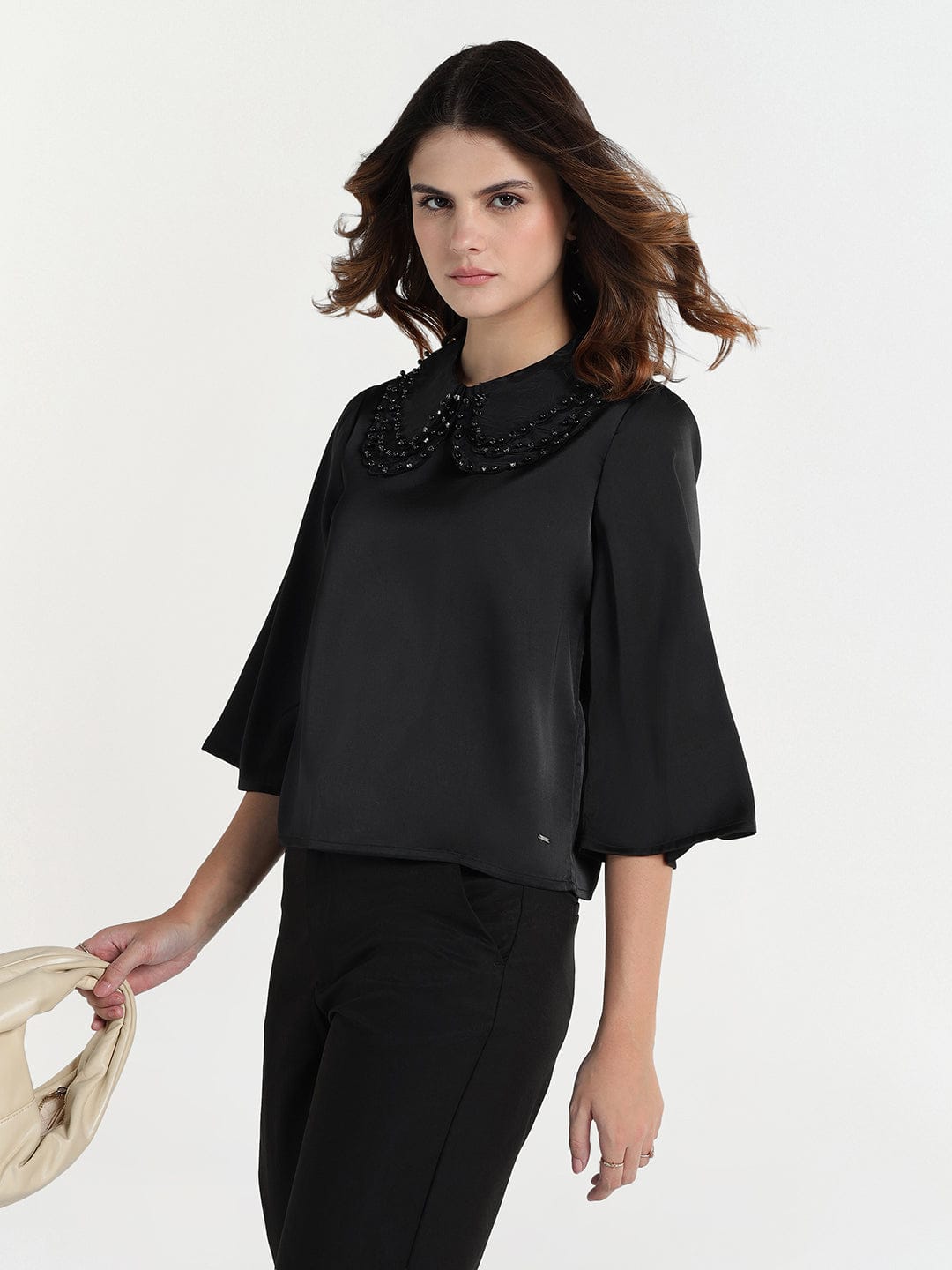 Elle Women Black Solid Collar Top