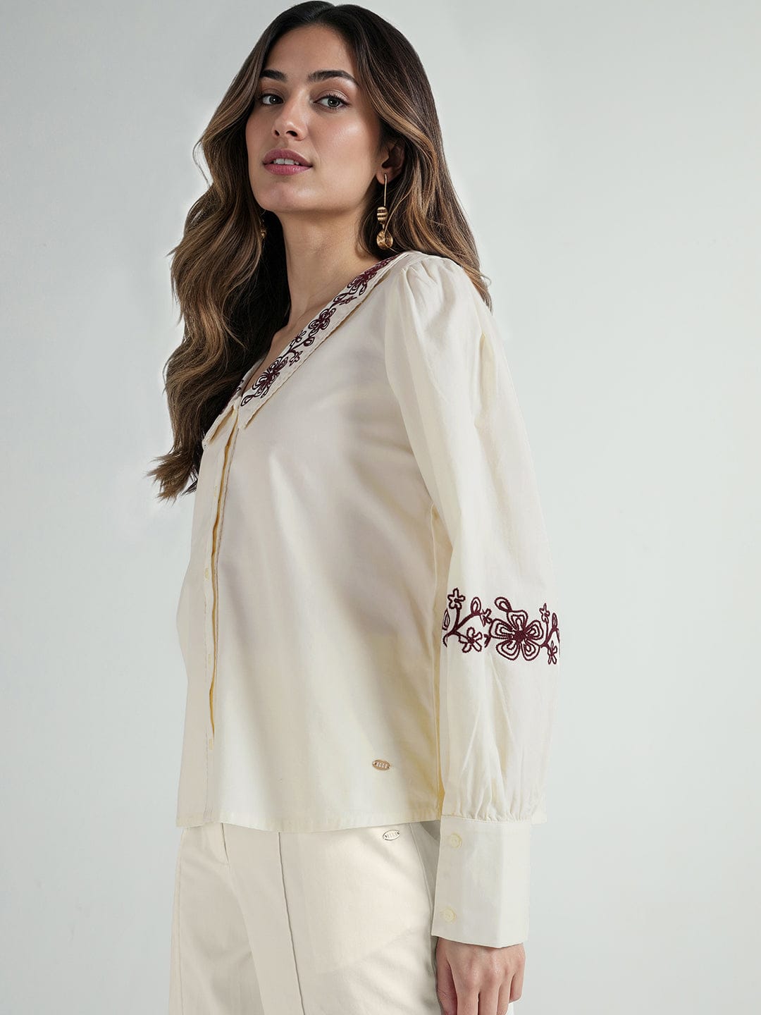 Elle Women Cream Embroidered Collar Top