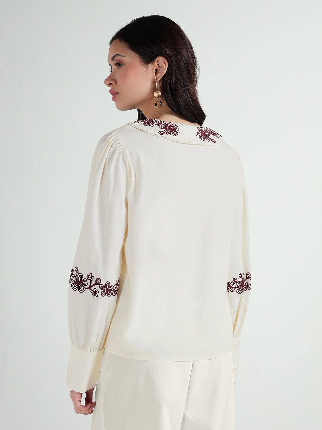 Elle Women Cream Embroidered Collar Top