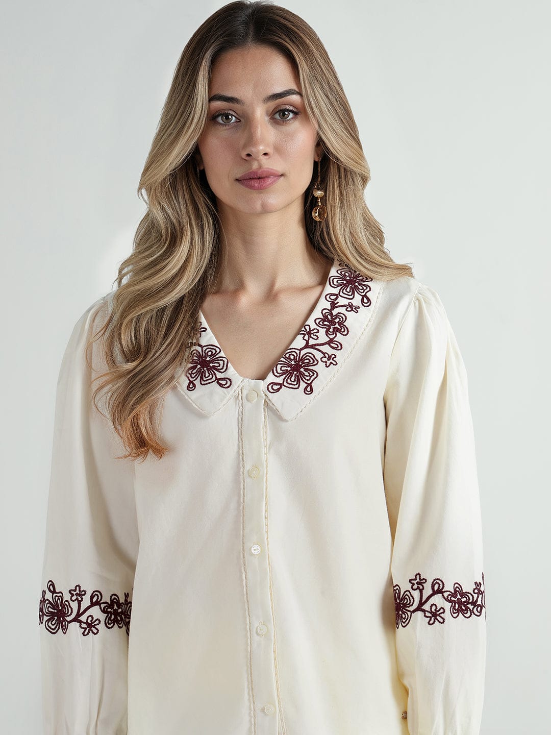 Elle Women Cream Embroidered Collar Top