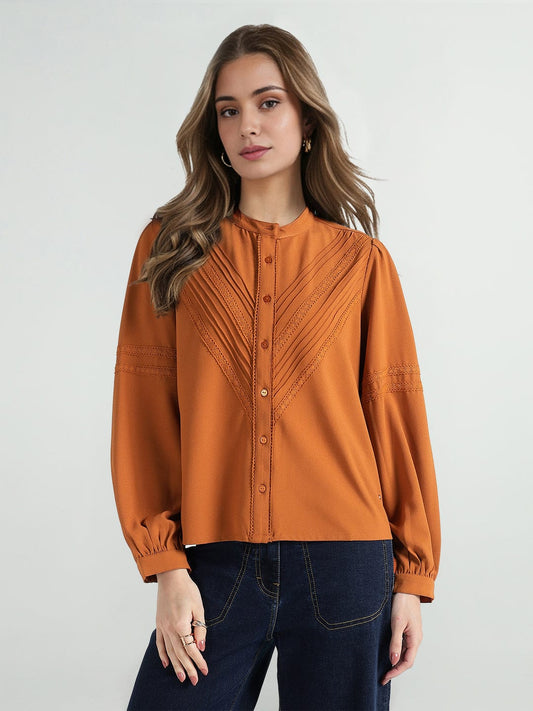 Elle Women Brown Lace Collar Top