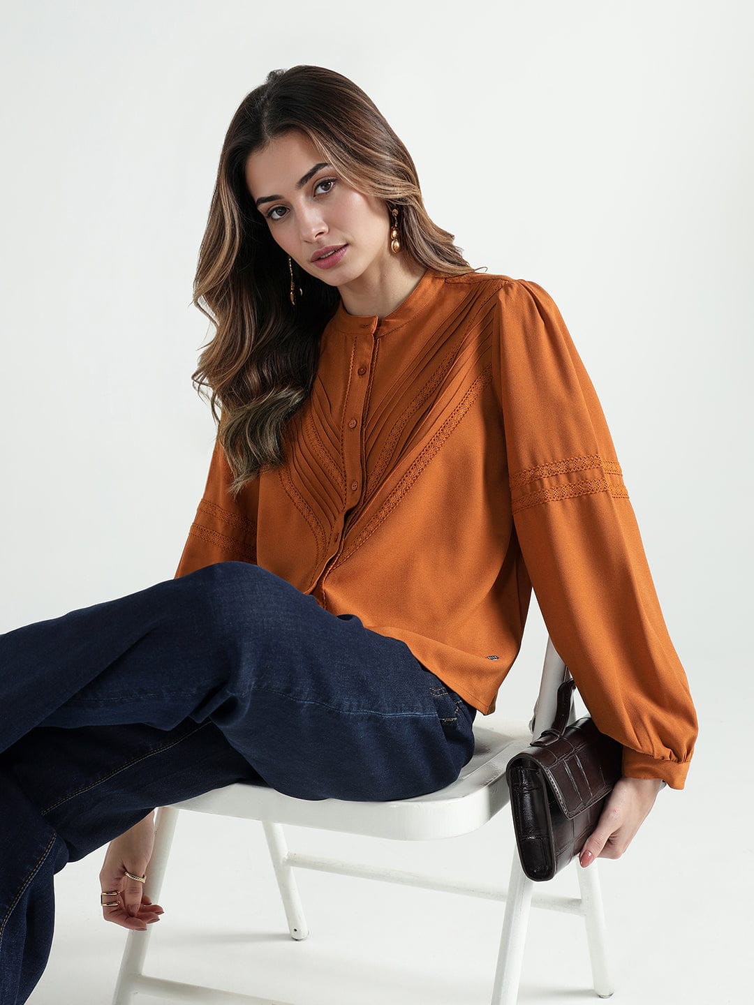 Elle Women Brown Lace Collar Top