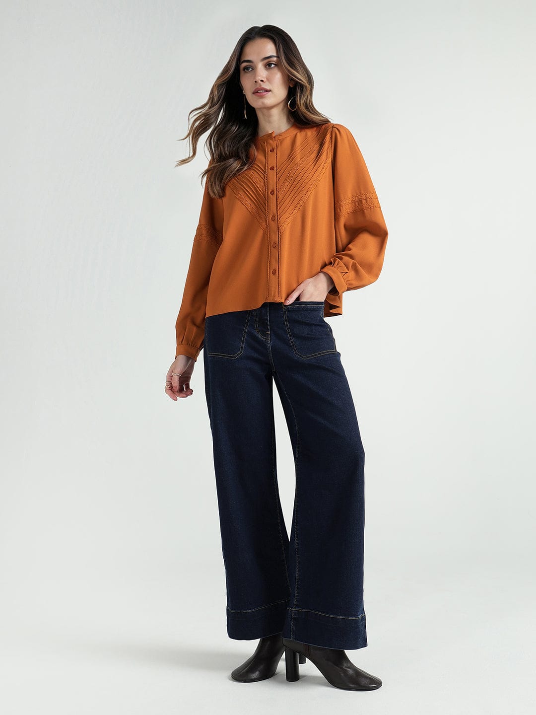 Elle Women Brown Lace Collar Top