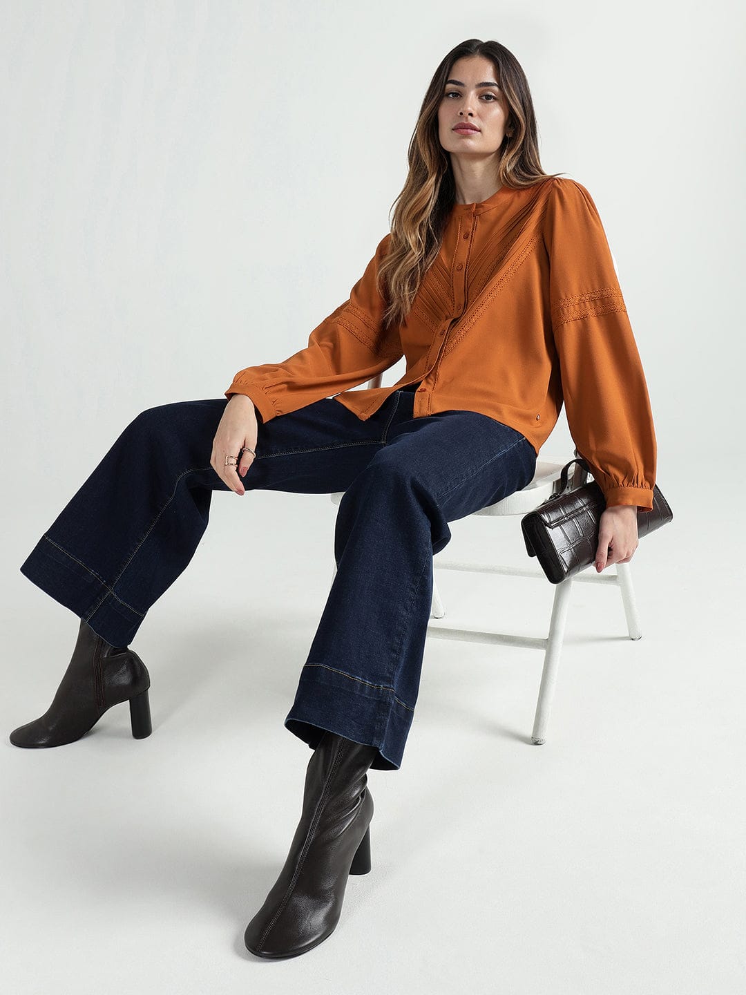 Elle Women Brown Lace Collar Top