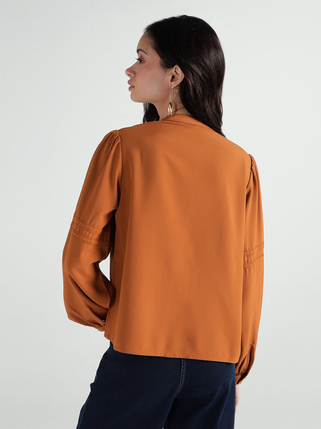 Elle Women Brown Lace Collar Top