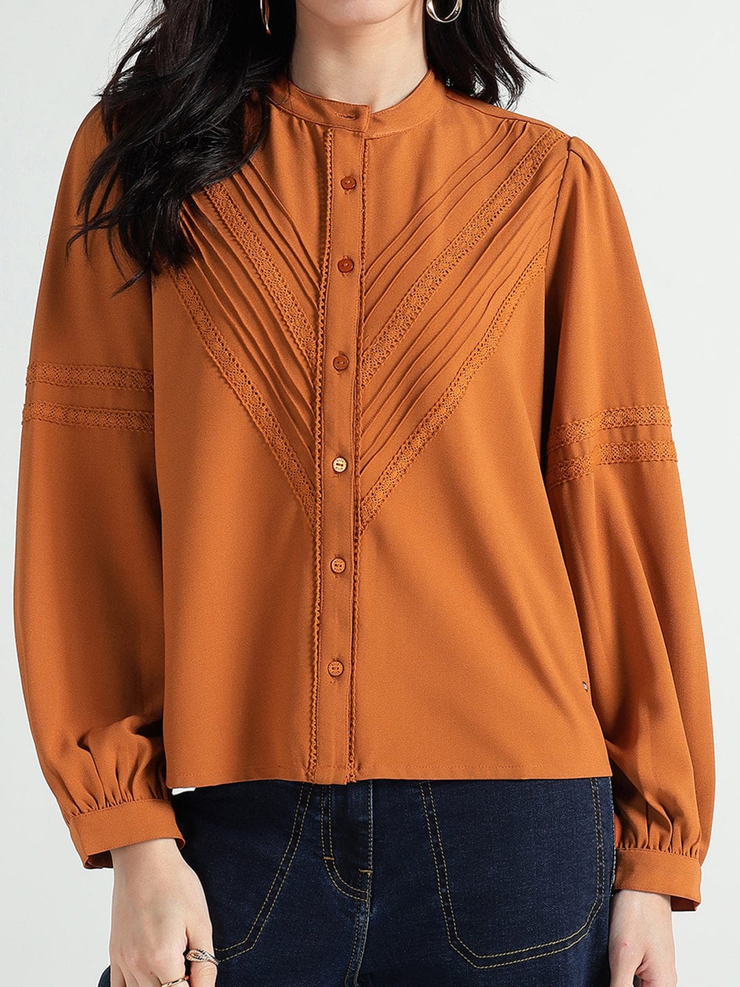 Elle Women Brown Lace Collar Top