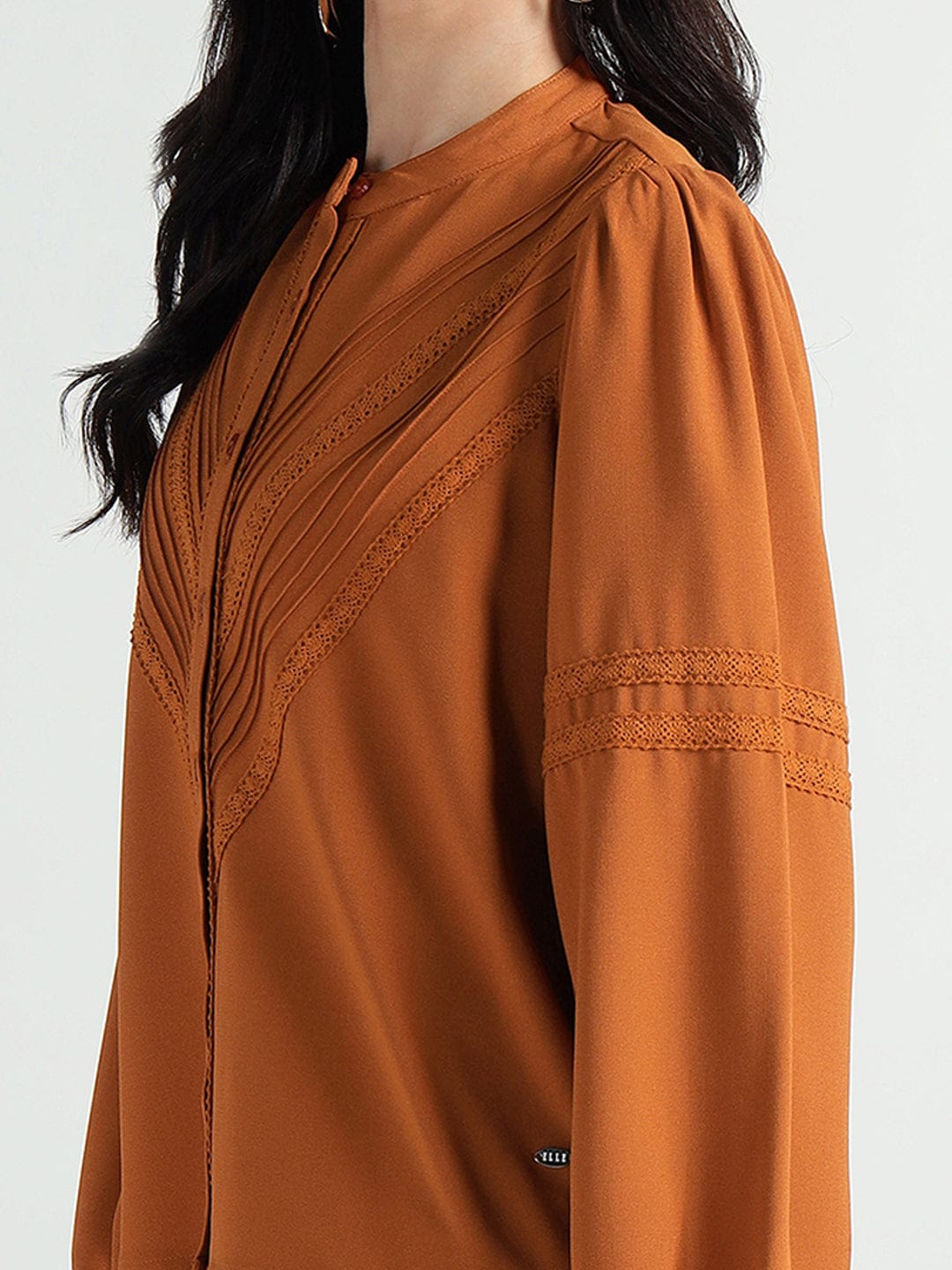 Elle Women Brown Lace Collar Top