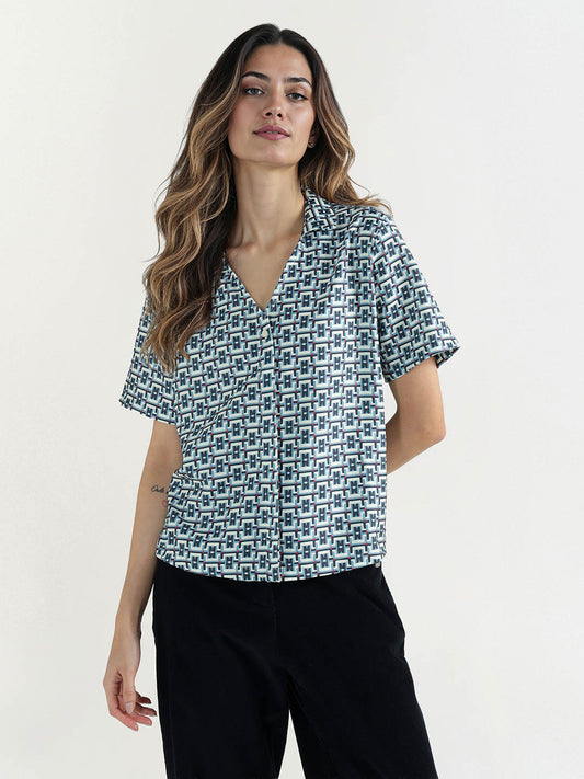 Elle Women Multi Geometric Print Collar Top