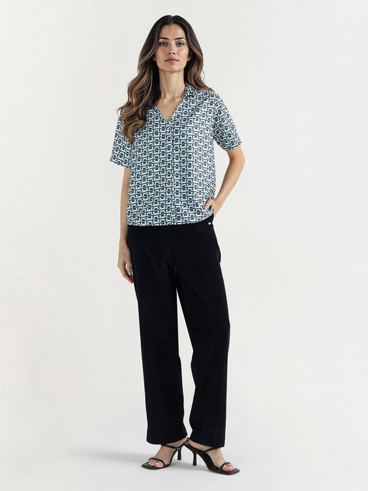 Elle Women Multi Geometric Print Collar Top