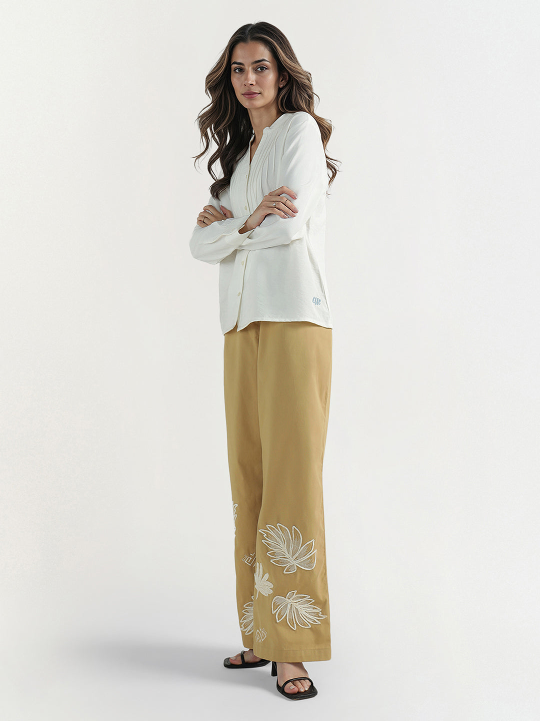 Elle Women White Solid Band Collar Top