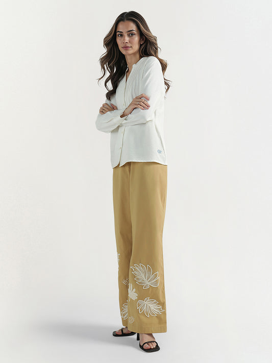 Elle Women White Solid Band Collar Top