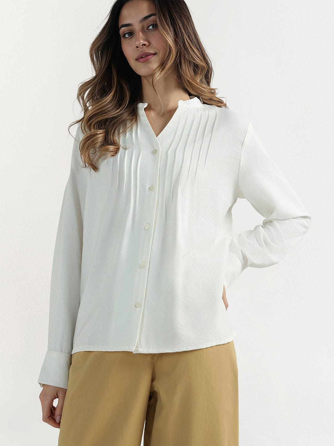 Elle Women White Solid Band Collar Top