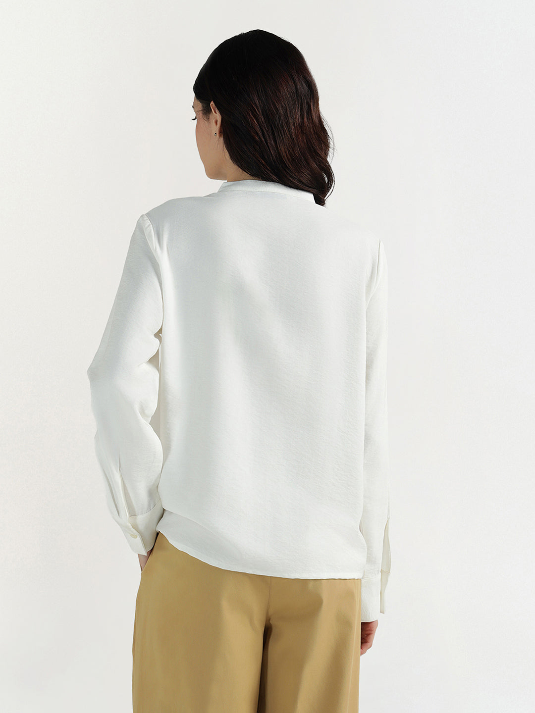 Elle Women White Solid Band Collar Top