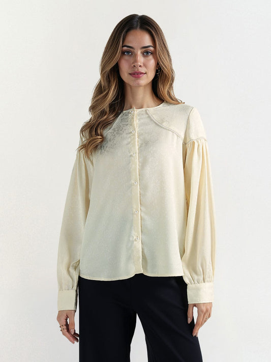 Elle Women Cream Solid Crew Neck Top