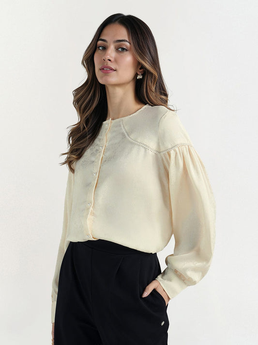 Elle Women Cream Solid Crew Neck Top