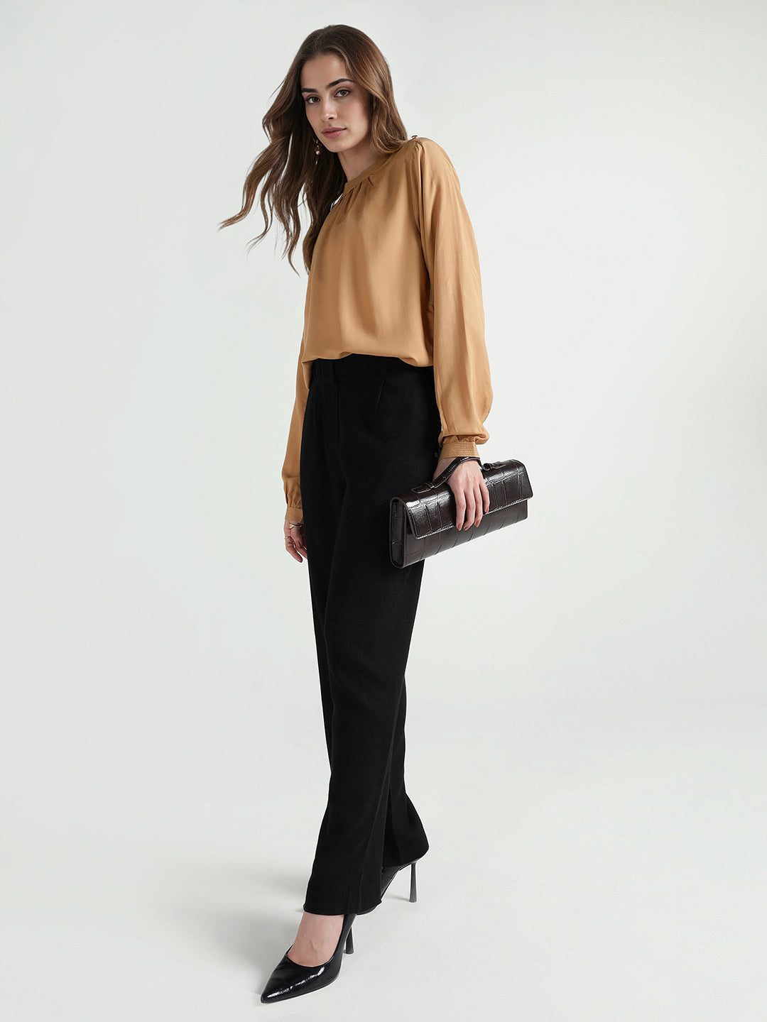 Elle Women Beige Solid Band Collar Top