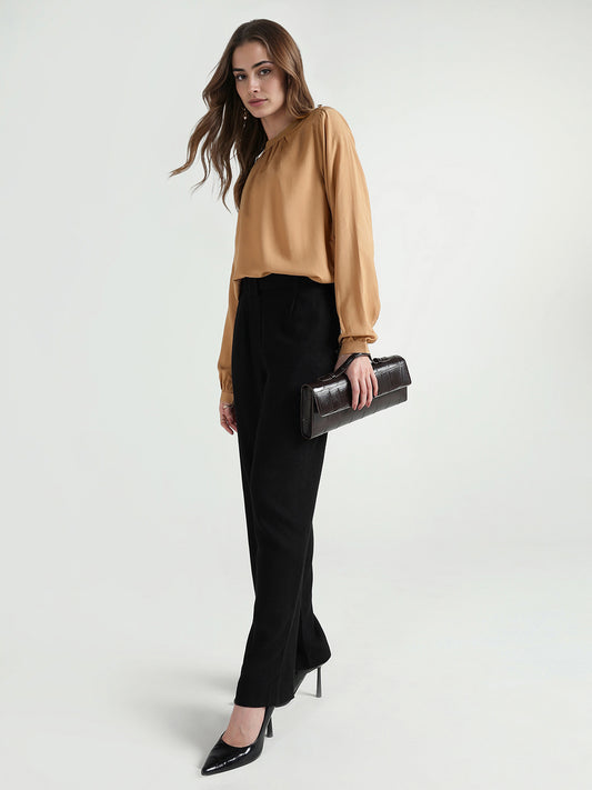 Elle Women Beige Solid Band Collar Top