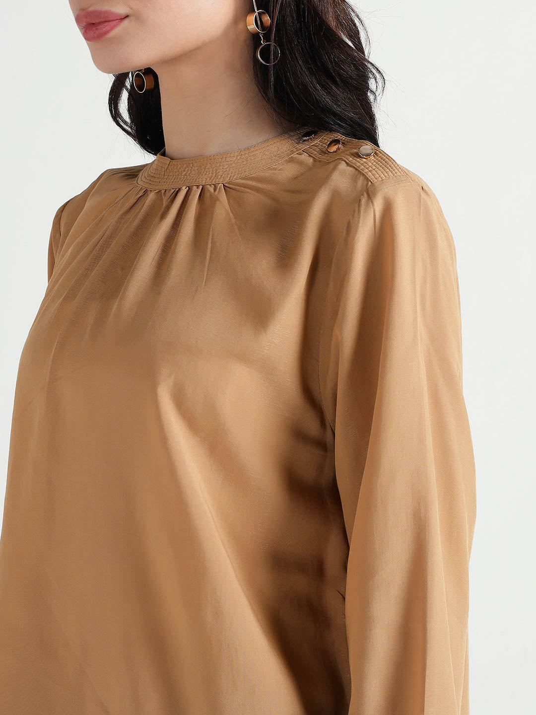 Elle Women Beige Solid Band Collar Top