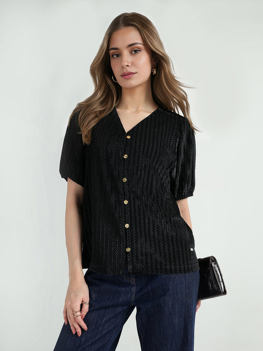 Elle Women Black Textured V Neck Top