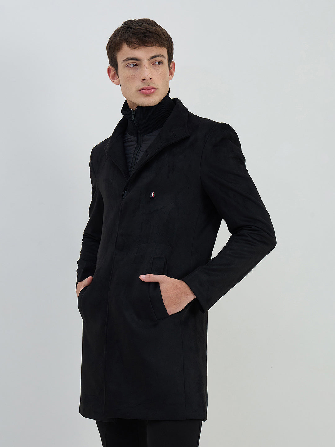 Iconic Men Black Solid Lapel Collar Overcoat