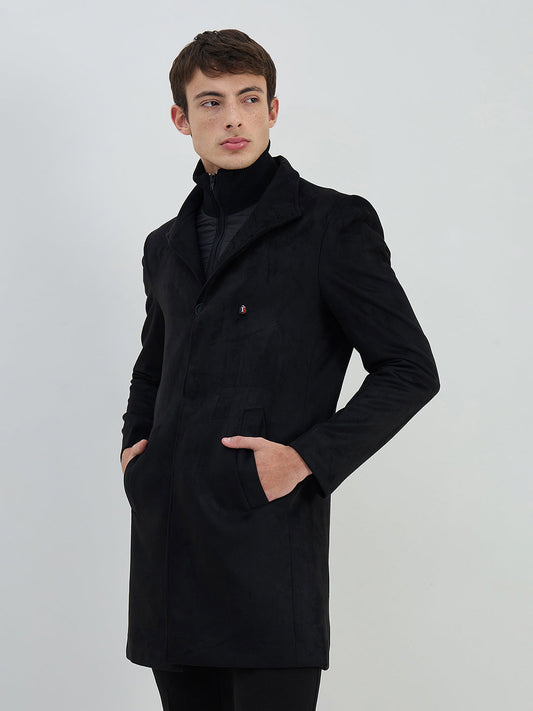 Iconic Men Black Solid Lapel Collar Overcoat