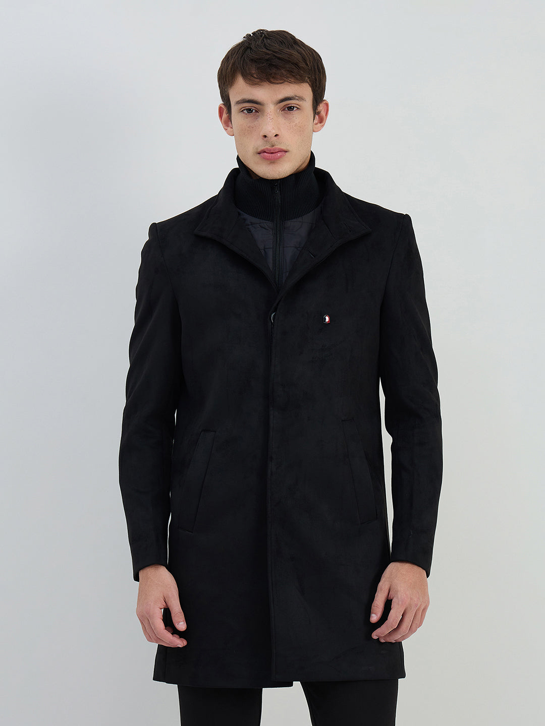 Iconic Men Black Solid Lapel Collar Overcoat