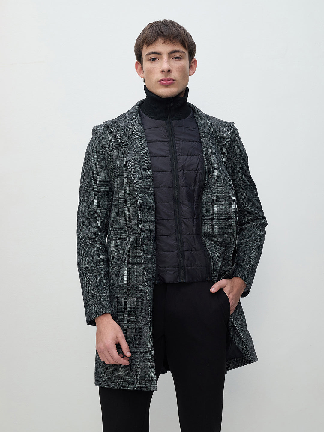 ICONIC Men Grey Checks Regular Fit Overcoat