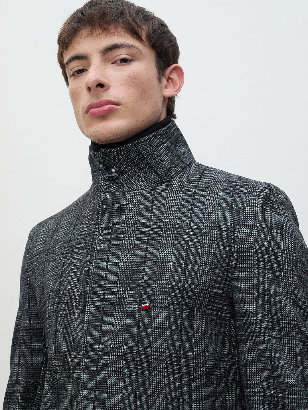 ICONIC Men Grey Checks Regular Fit Overcoat