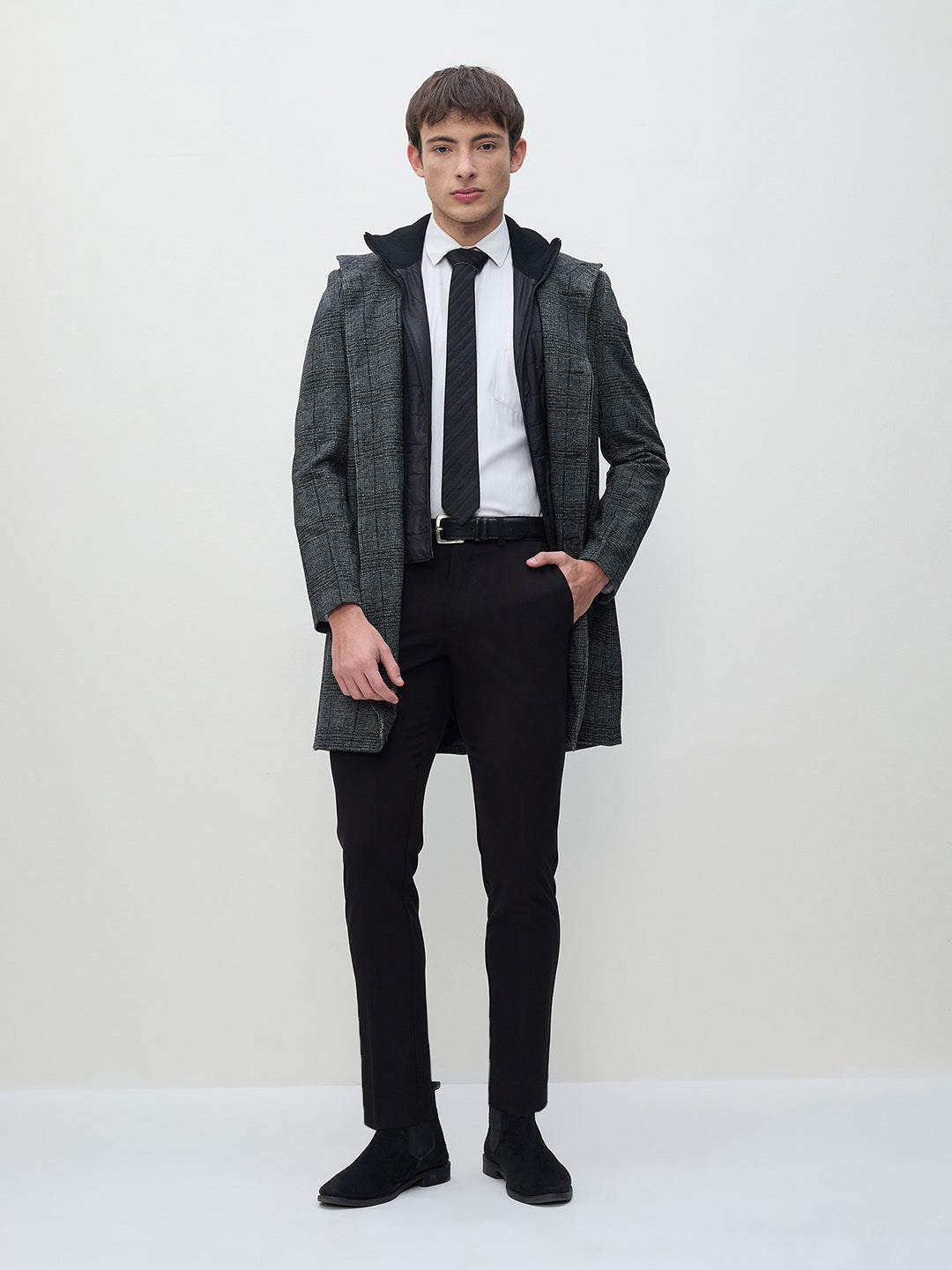 ICONIC Men Grey Checks Regular Fit Overcoat