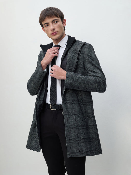 ICONIC Men Grey Checks Regular Fit Overcoat