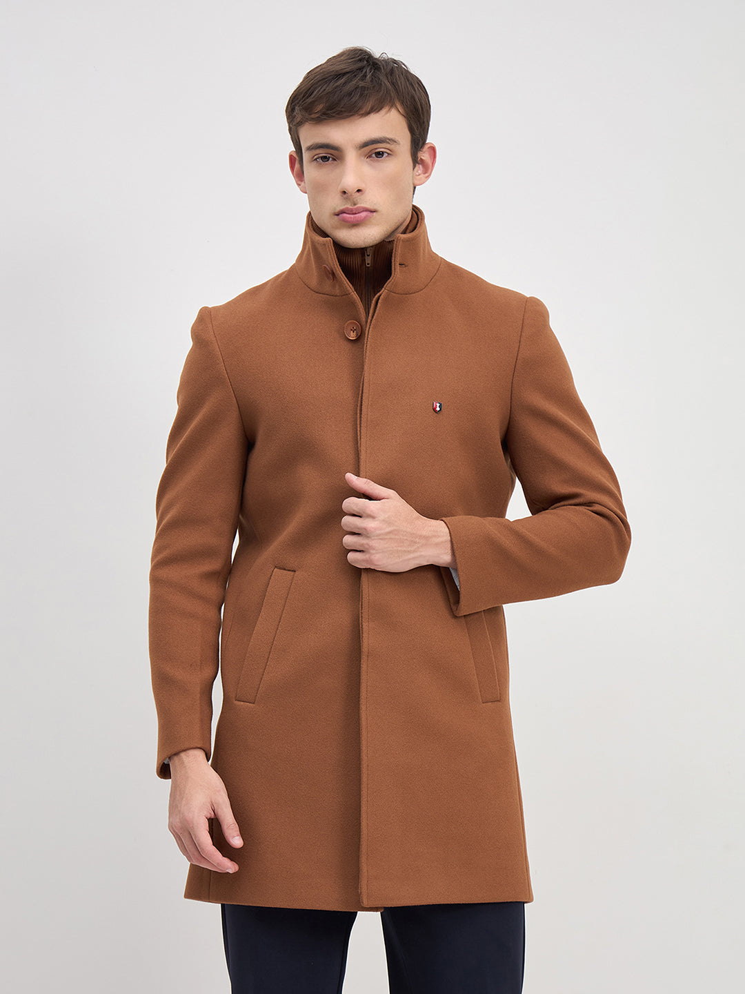 ICONIC Men Brown Solid High Neck Regular Fit Overcoat