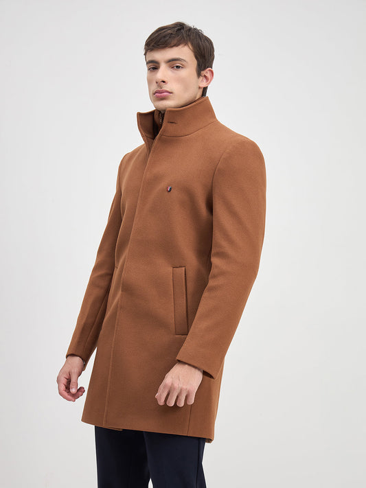 ICONIC Men Brown Solid High Neck Regular Fit Overcoat