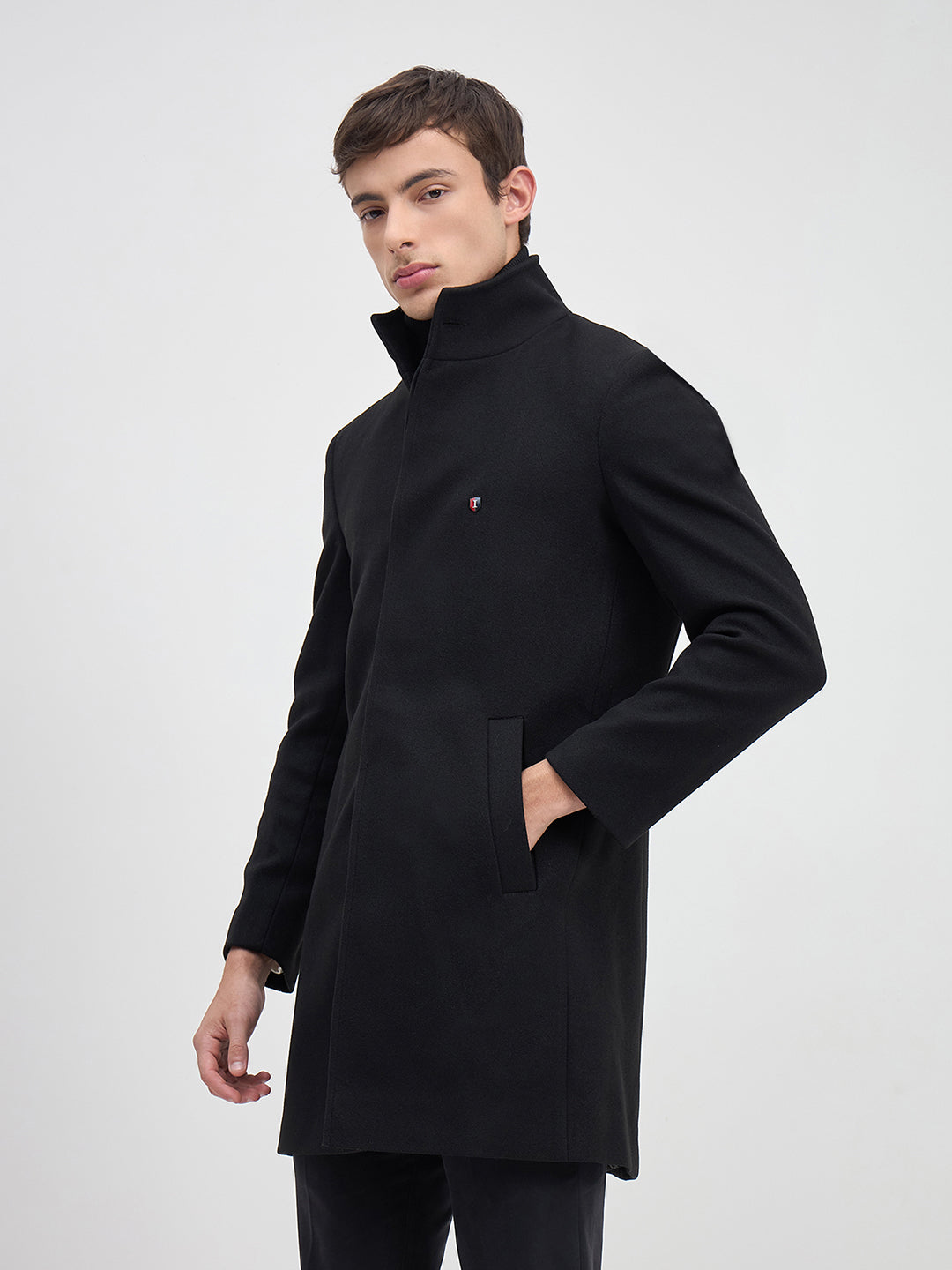 ICONIC Men Black Solid High Neck Regular Fit Overcoat