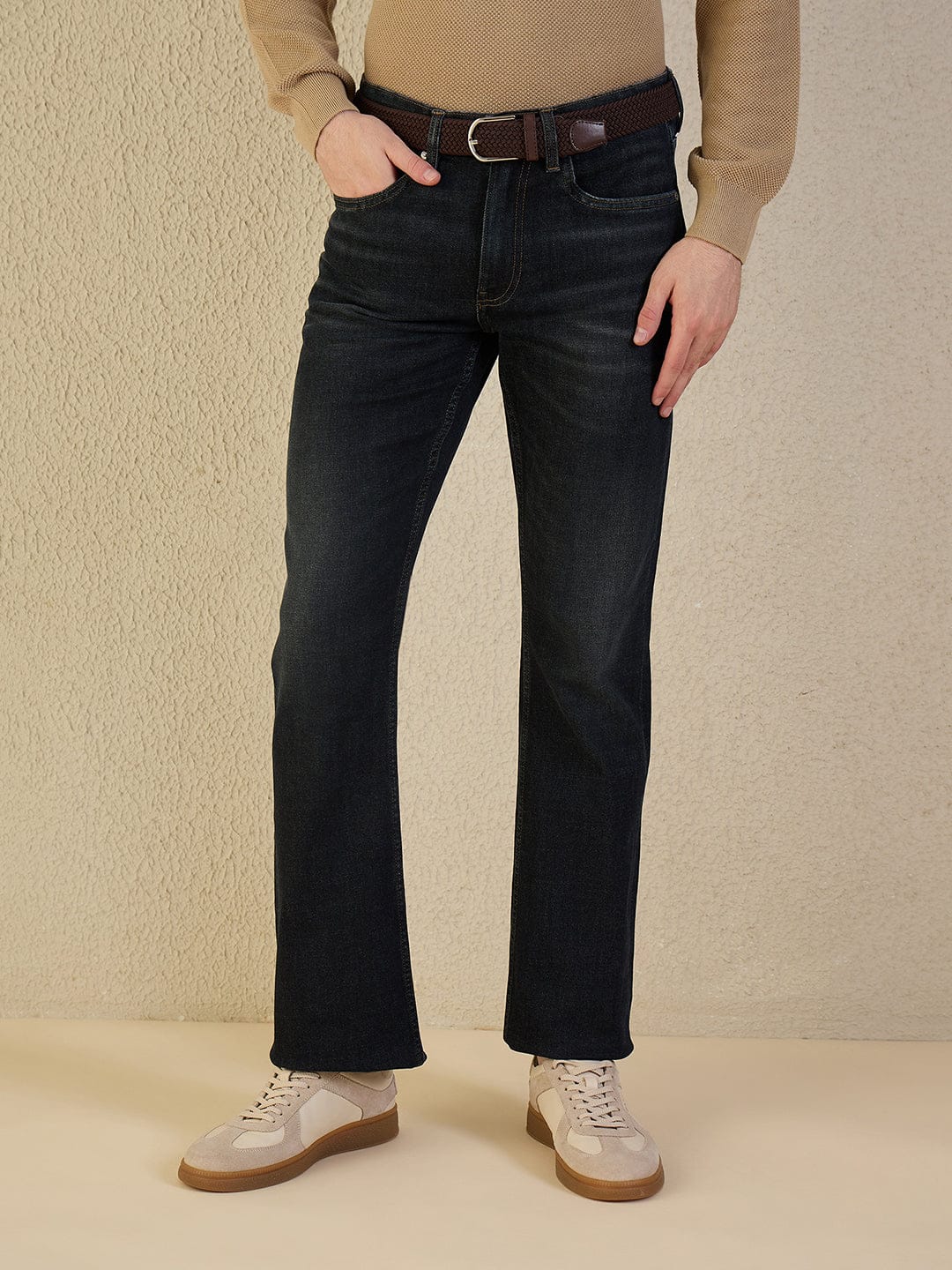 Iconic Men Navy Blue Solid Boot Cut Jeans