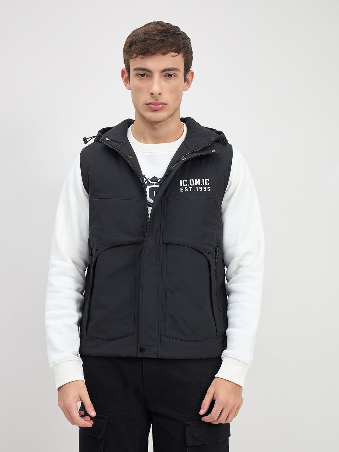 ICONIC Men Black Regular Fit Hoodie Jacket