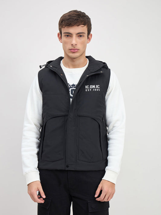 ICONIC Men Black Regular Fit Hoodie Jacket