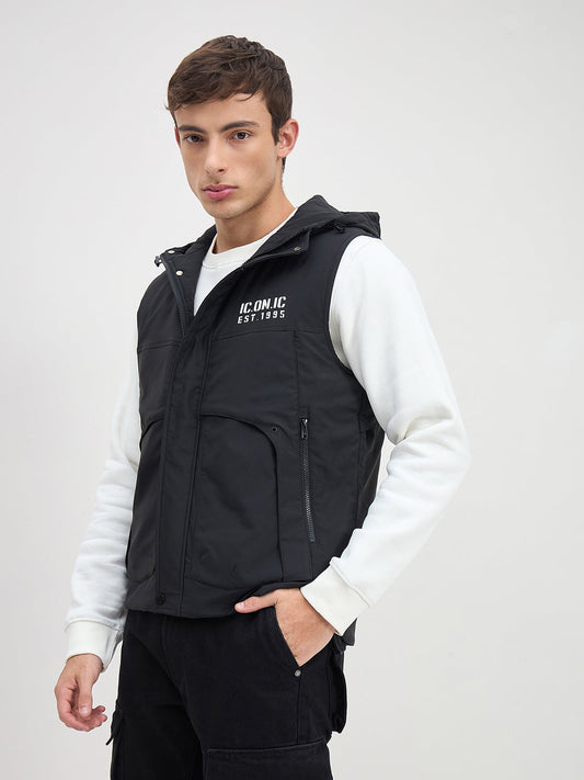 ICONIC Men Black Regular Fit Hoodie Jacket