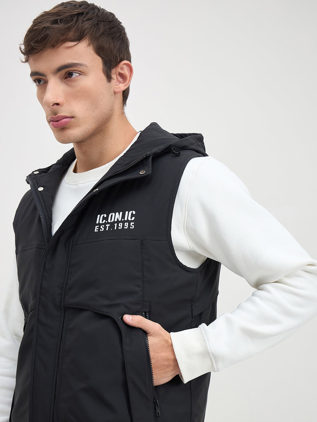 ICONIC Men Black Regular Fit Hoodie Jacket