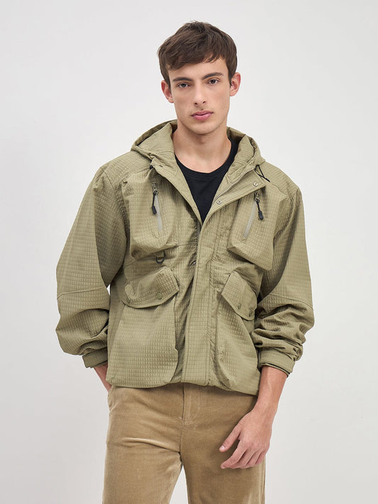 ICONIC Men Green Textured Regular Fit Hoodie Jacket