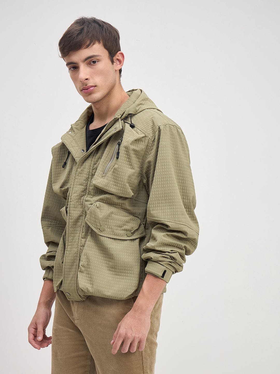 ICONIC Men Green Textured Regular Fit Hoodie Jacket