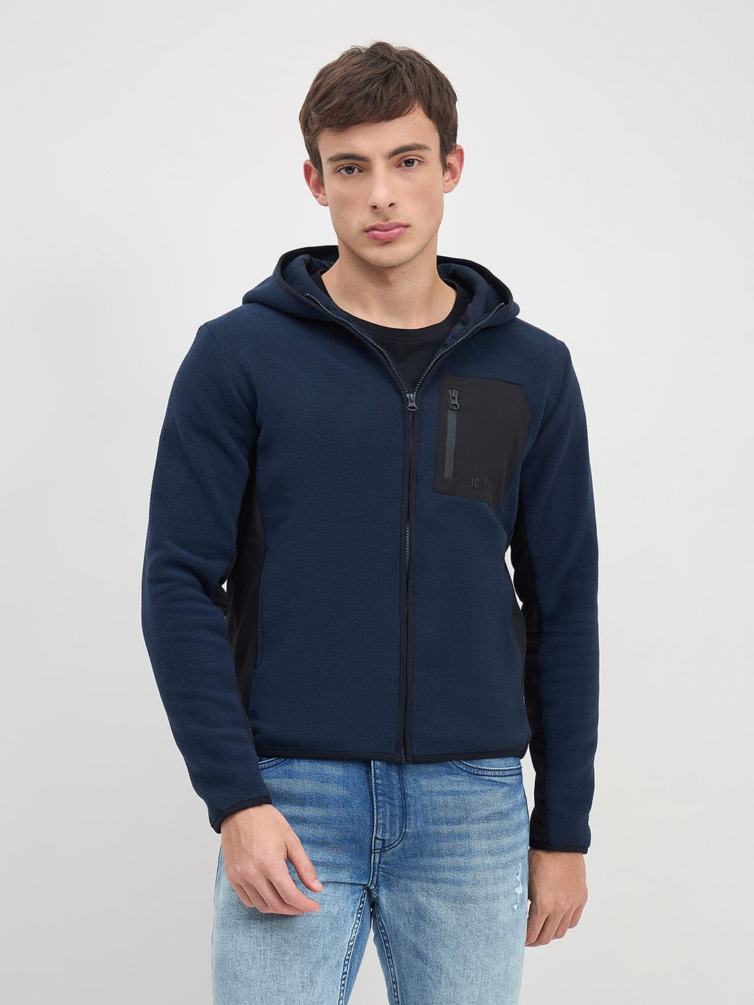 Iconic Men Navy Blue Solid Hoodie Jacket