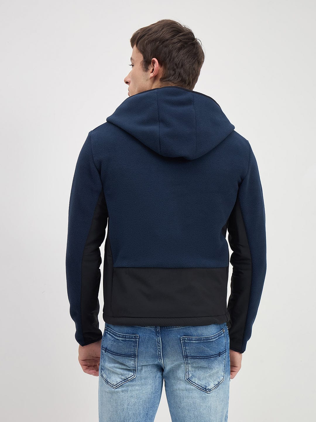 Iconic Men Navy Blue Solid Hoodie Jacket