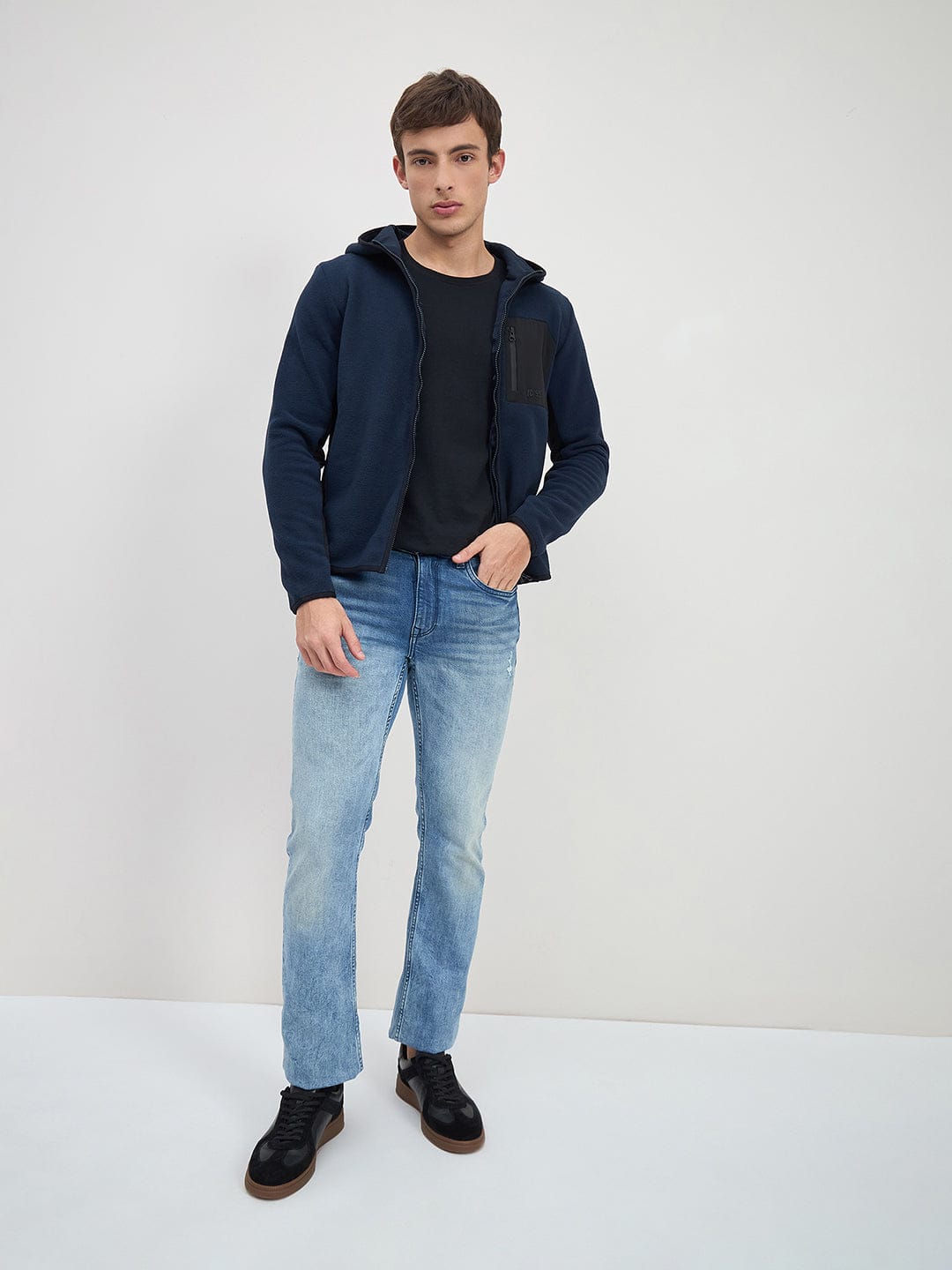 Iconic Men Navy Blue Solid Hoodie Jacket