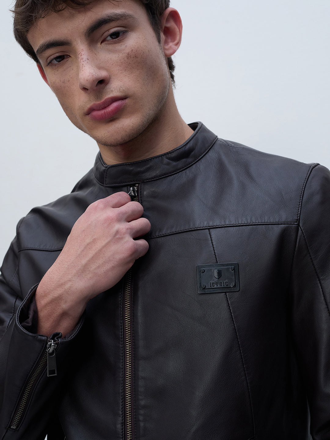 ICONIC Men Brown Band Collar Leather Jacket