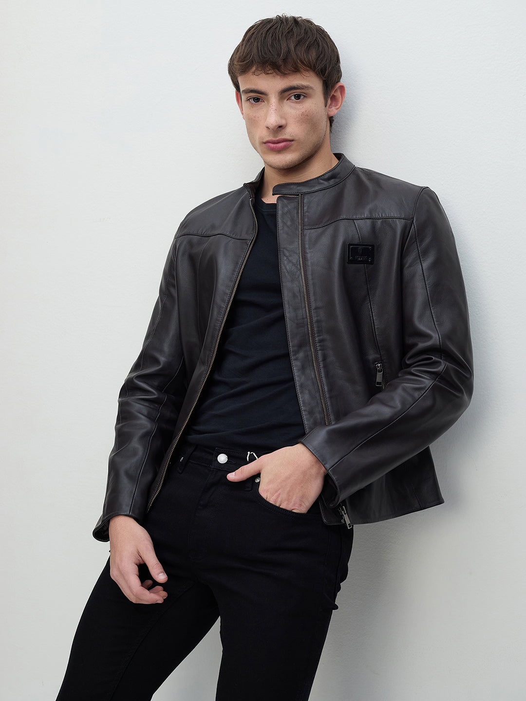 ICONIC Men Brown Band Collar Leather Jacket