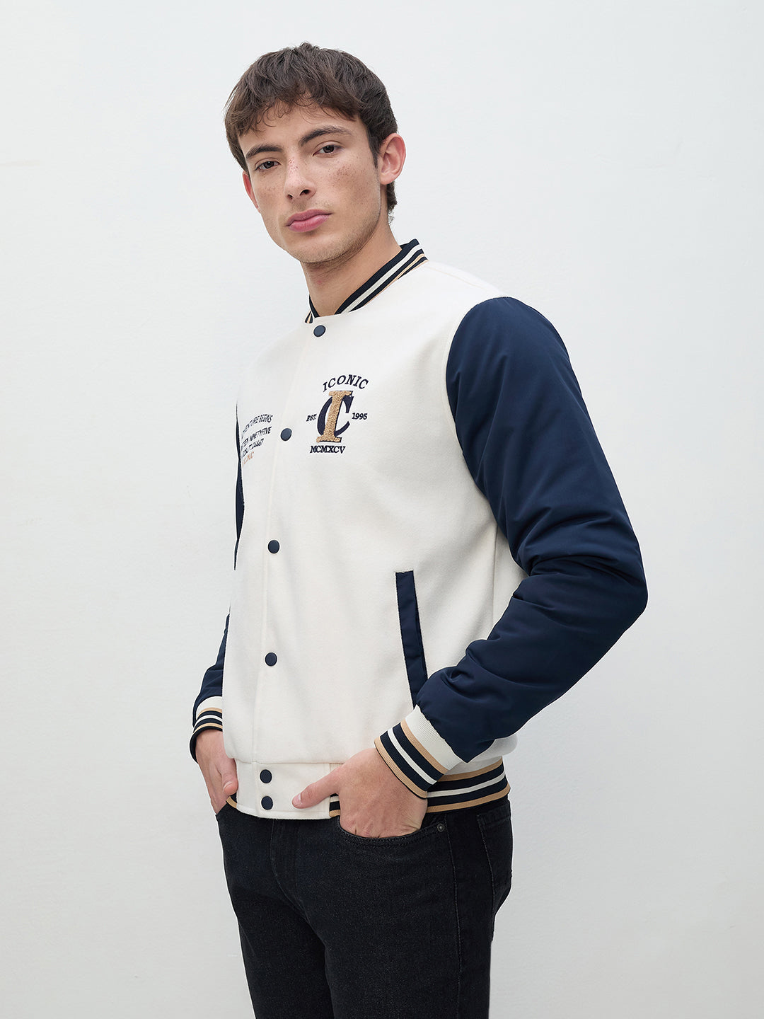 ICONIC Men Multi Colorblock Band Collar Varsity Jacket
