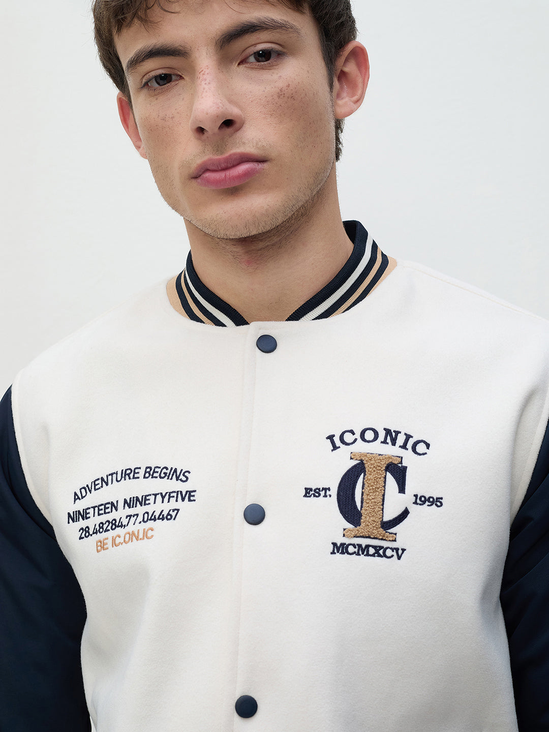 ICONIC Men Multi Colorblock Band Collar Varsity Jacket