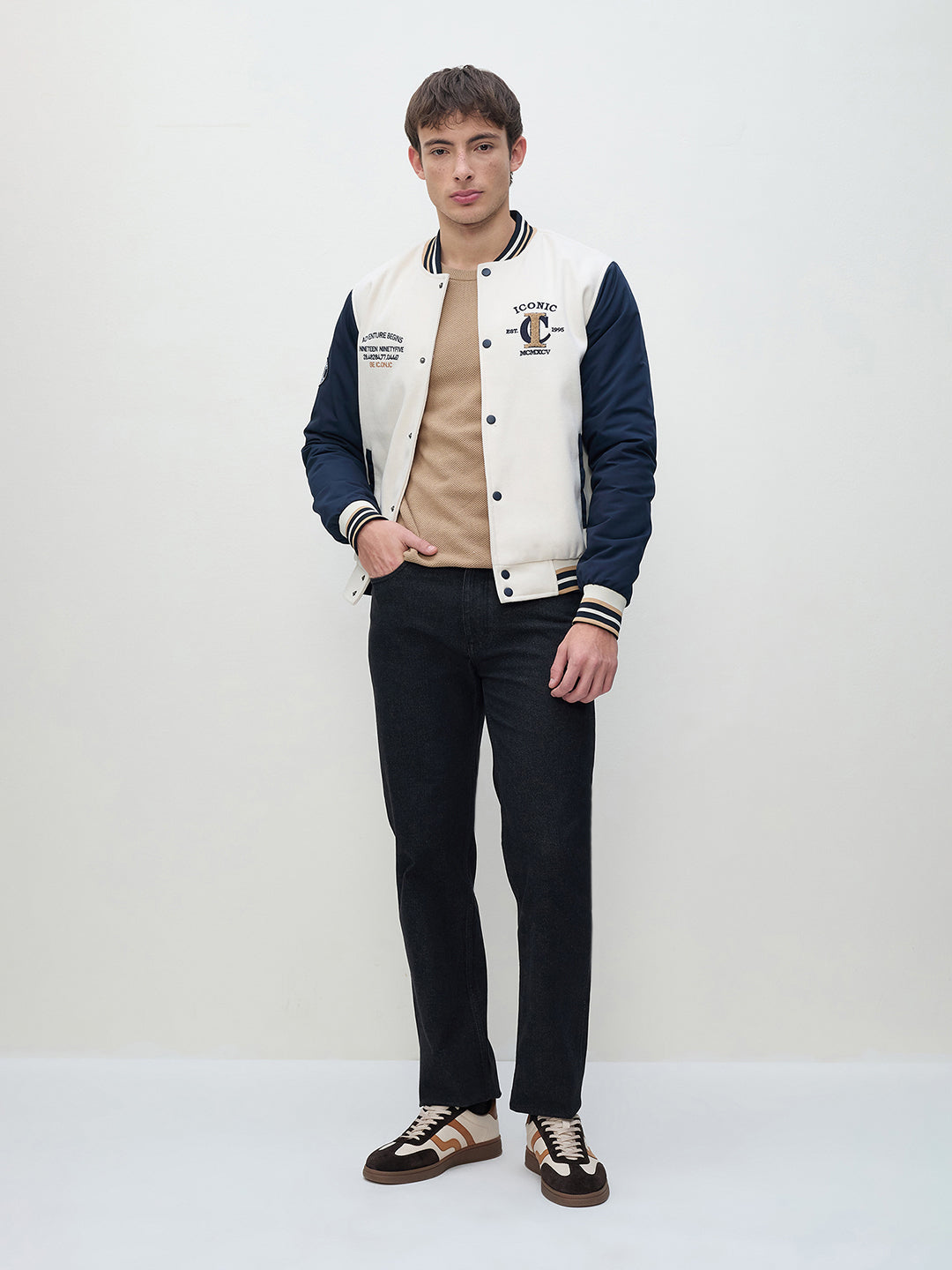 ICONIC Men Multi Colorblock Band Collar Varsity Jacket