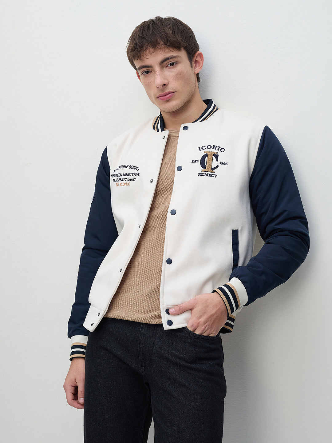 ICONIC Men Multi Colorblock Band Collar Varsity Jacket